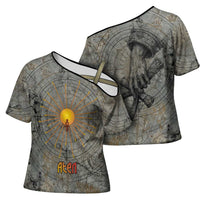 Aten Ancient Egyptian Cross Shoulder Shirt with Gray Astronomical Chart, Radiant Sun Disc Emblem, and Ankh - Wonder Print Shop