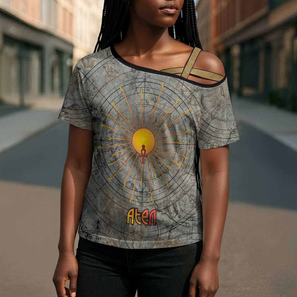 Aten Ancient Egyptian Cross Shoulder Shirt with Gray Astronomical Chart, Radiant Sun Disc Emblem, and Ankh - Wonder Print Shop