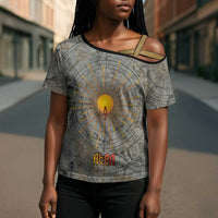 Aten Ancient Egyptian Cross Shoulder Shirt with Gray Astronomical Chart, Radiant Sun Disc Emblem, and Ankh - Wonder Print Shop
