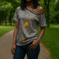 Aten Ancient Egyptian Cross Shoulder Shirt with Gray Astronomical Chart, Radiant Sun Disc Emblem, and Ankh - Wonder Print Shop