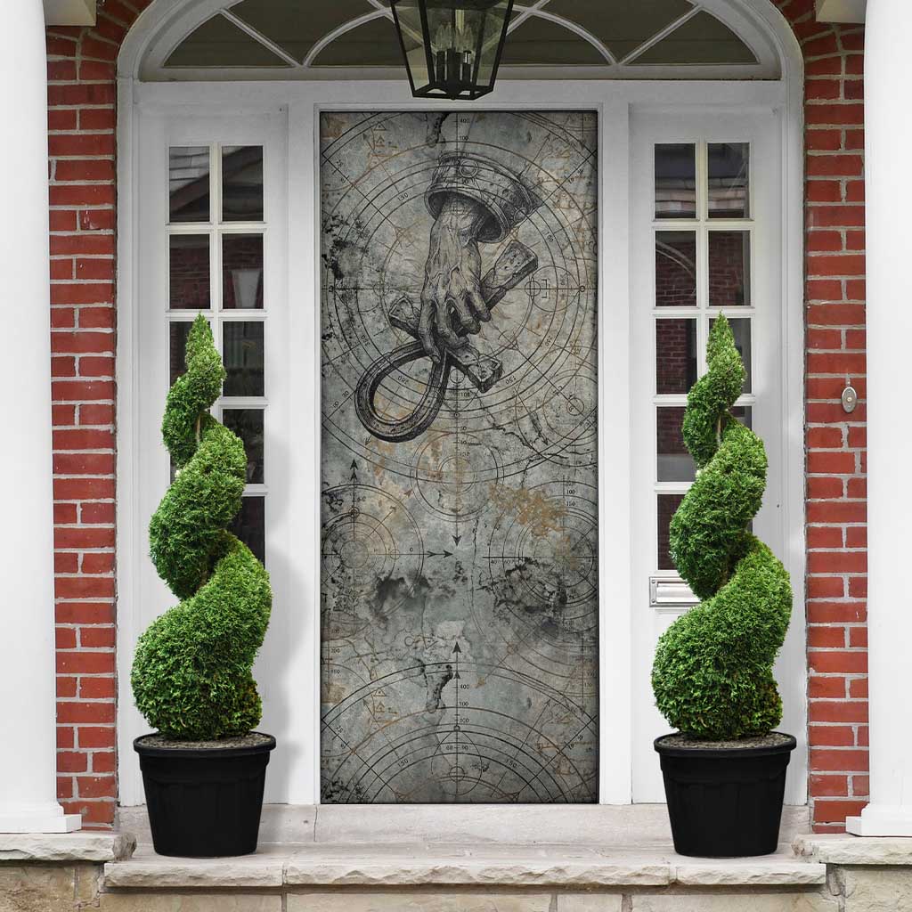 Aten Ancient Egyptian Door Cover with Gray Astronomical Chart, Radiant Sun Disc Emblem, and Ankh - Wonder Print Shop