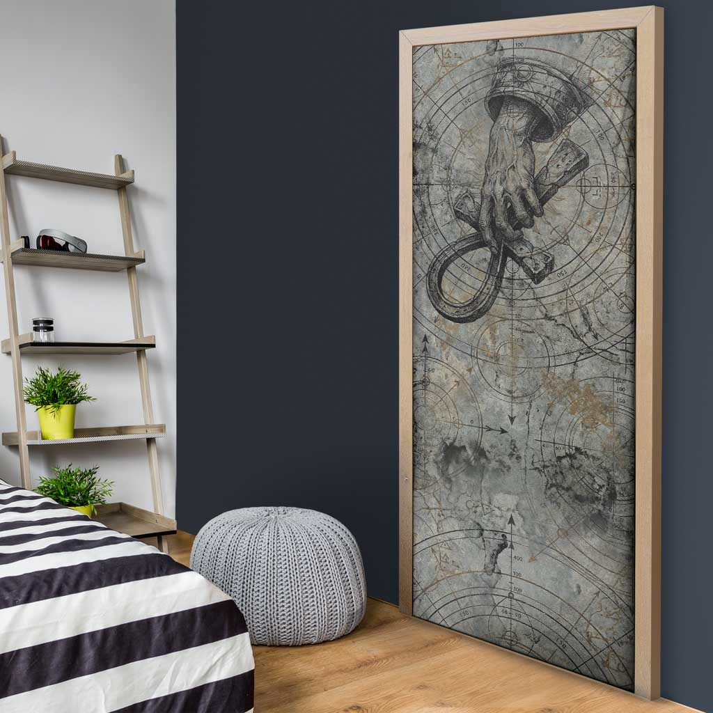 Aten Ancient Egyptian Door Cover with Gray Astronomical Chart, Radiant Sun Disc Emblem, and Ankh - Wonder Print Shop