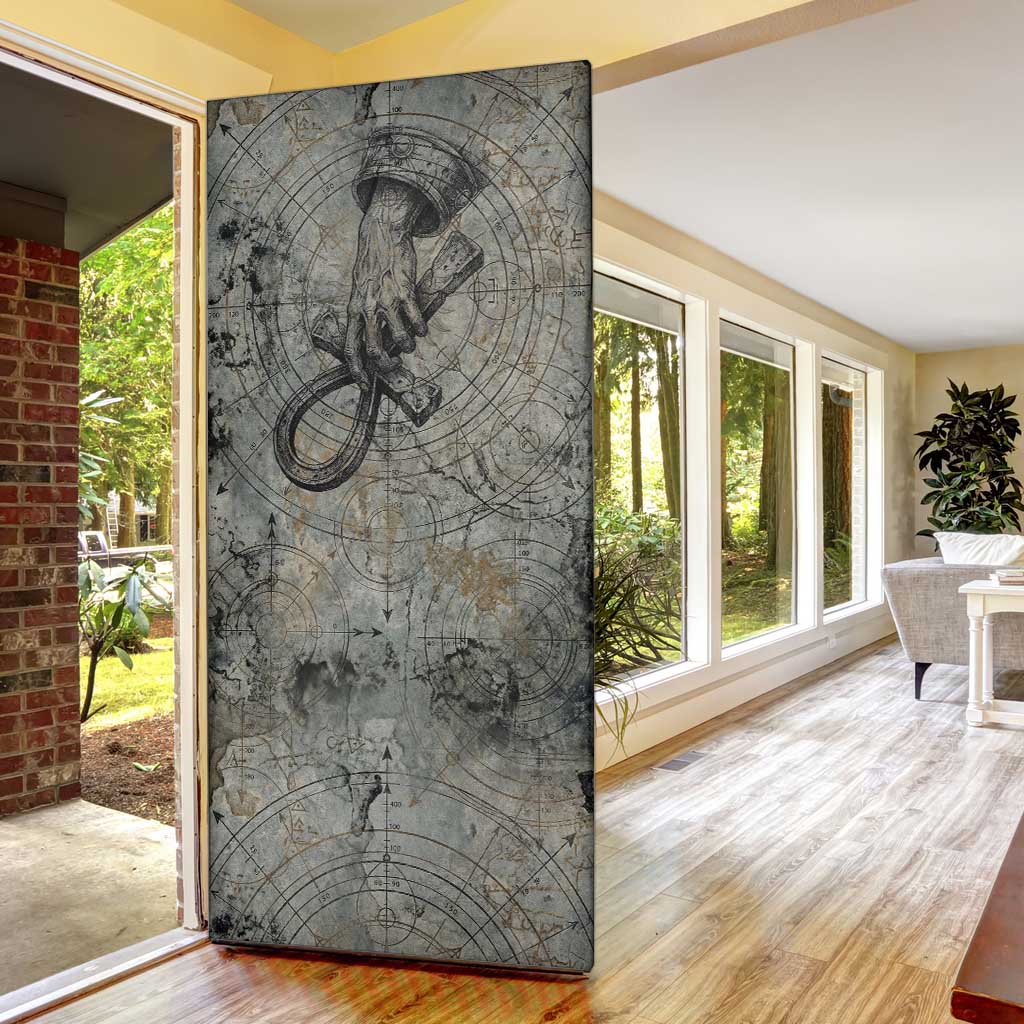Aten Ancient Egyptian Door Cover with Gray Astronomical Chart, Radiant Sun Disc Emblem, and Ankh - Wonder Print Shop