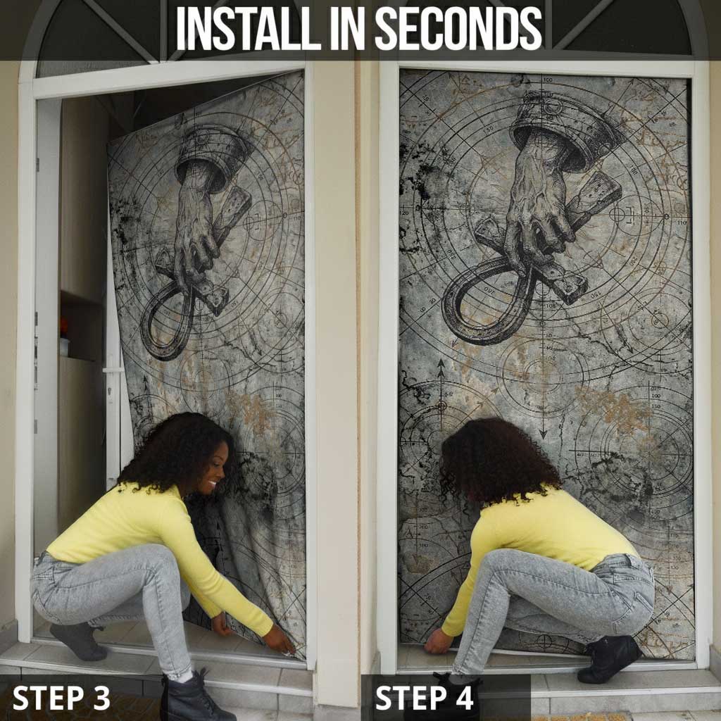 Aten Ancient Egyptian Door Cover with Gray Astronomical Chart, Radiant Sun Disc Emblem, and Ankh - Wonder Print Shop