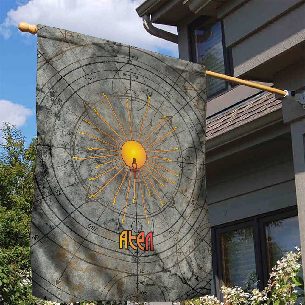 Aten Ancient Egyptian Garden Flag with Gray Astronomical Chart, Radiant Sun Disc Emblem, and Ankh - Wonder Print Shop