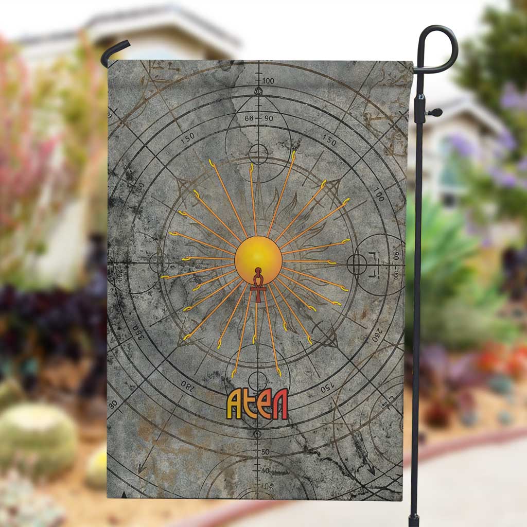 Aten Ancient Egyptian Garden Flag with Gray Astronomical Chart, Radiant Sun Disc Emblem, and Ankh - Wonder Print Shop