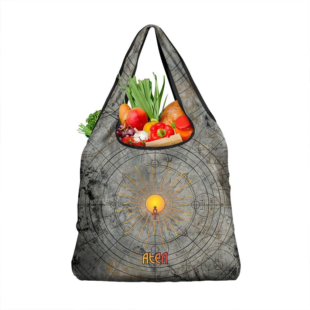 Aten Ancient Egyptian Grocery Bag with Gray Astronomical Chart, Radiant Sun Disc Emblem, and Ankh - Wonder Print Shop