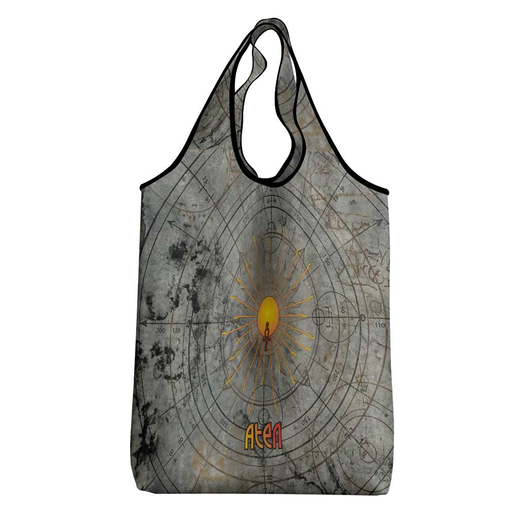 Aten Ancient Egyptian Grocery Bag with Gray Astronomical Chart, Radiant Sun Disc Emblem, and Ankh - Wonder Print Shop