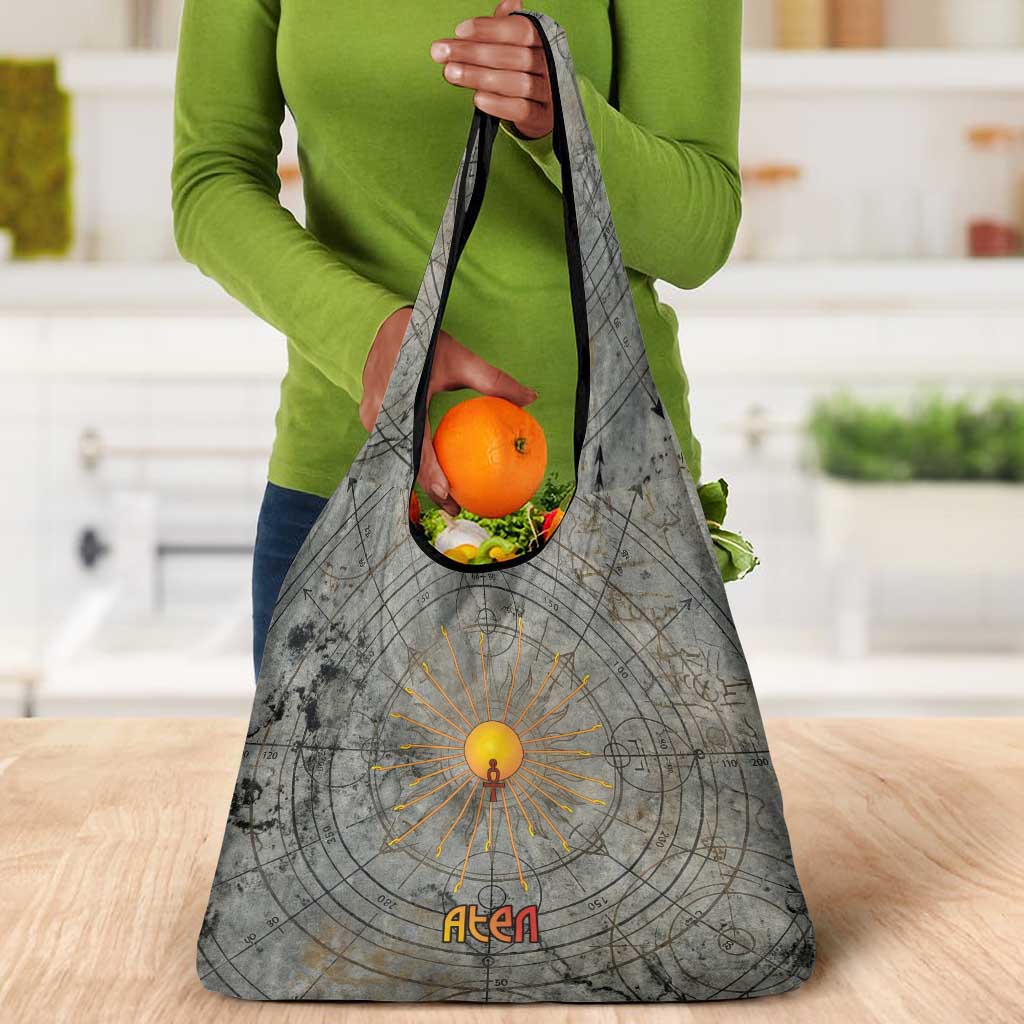 Aten Ancient Egyptian Grocery Bag with Gray Astronomical Chart, Radiant Sun Disc Emblem, and Ankh - Wonder Print Shop