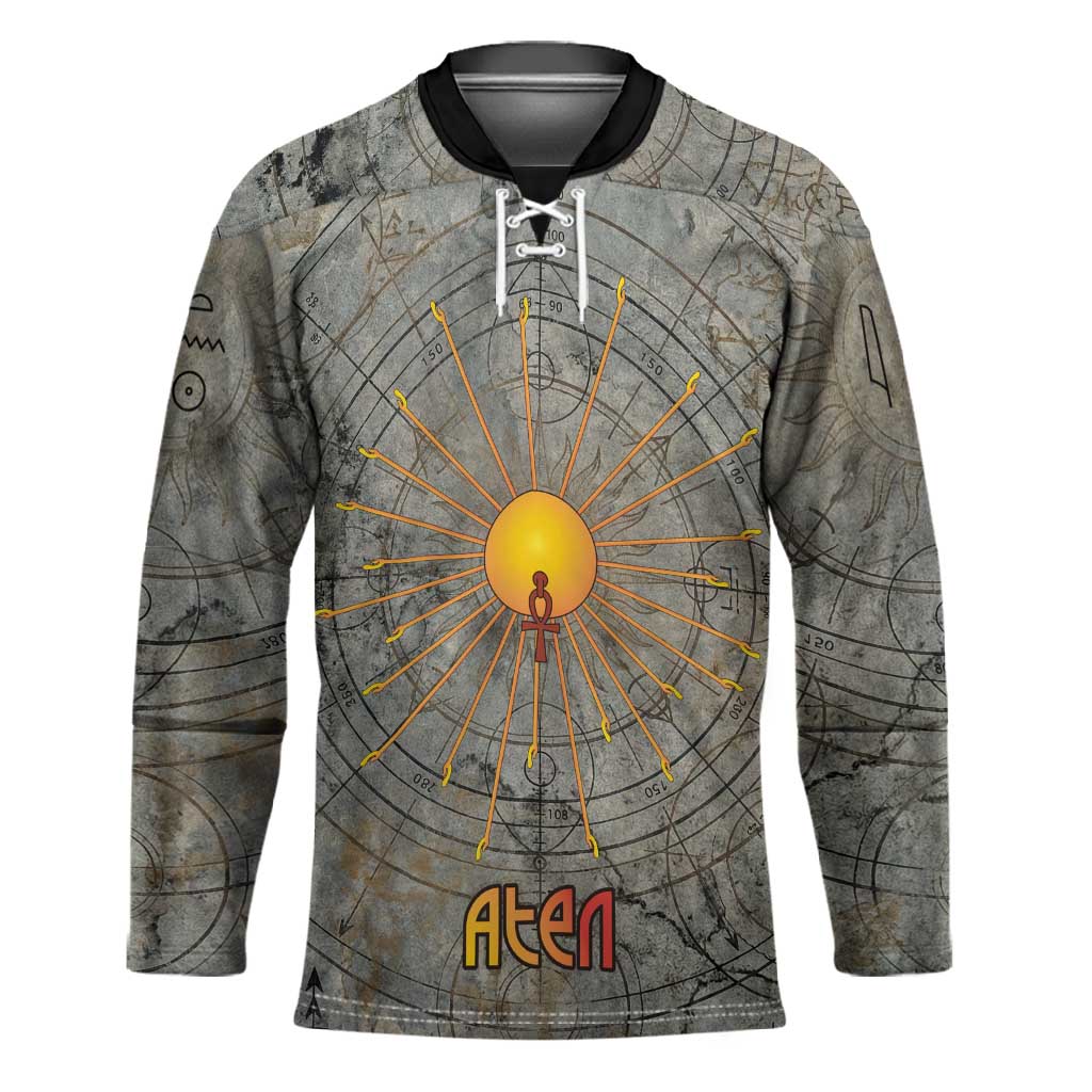 Aten Ancient Egyptian Hockey Jersey with Gray Astronomical Chart, Radiant Sun Disc Emblem, and Ankh - Wonder Print Shop