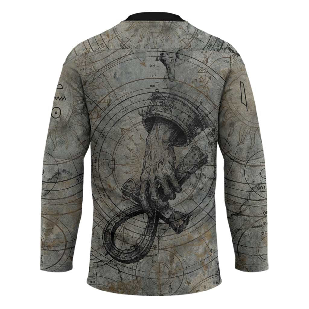 Aten Ancient Egyptian Hockey Jersey with Gray Astronomical Chart, Radiant Sun Disc Emblem, and Ankh - Wonder Print Shop