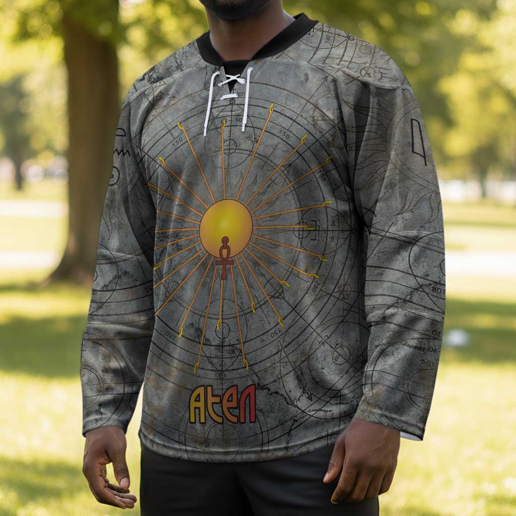 Aten Ancient Egyptian Hockey Jersey with Gray Astronomical Chart, Radiant Sun Disc Emblem, and Ankh - Wonder Print Shop