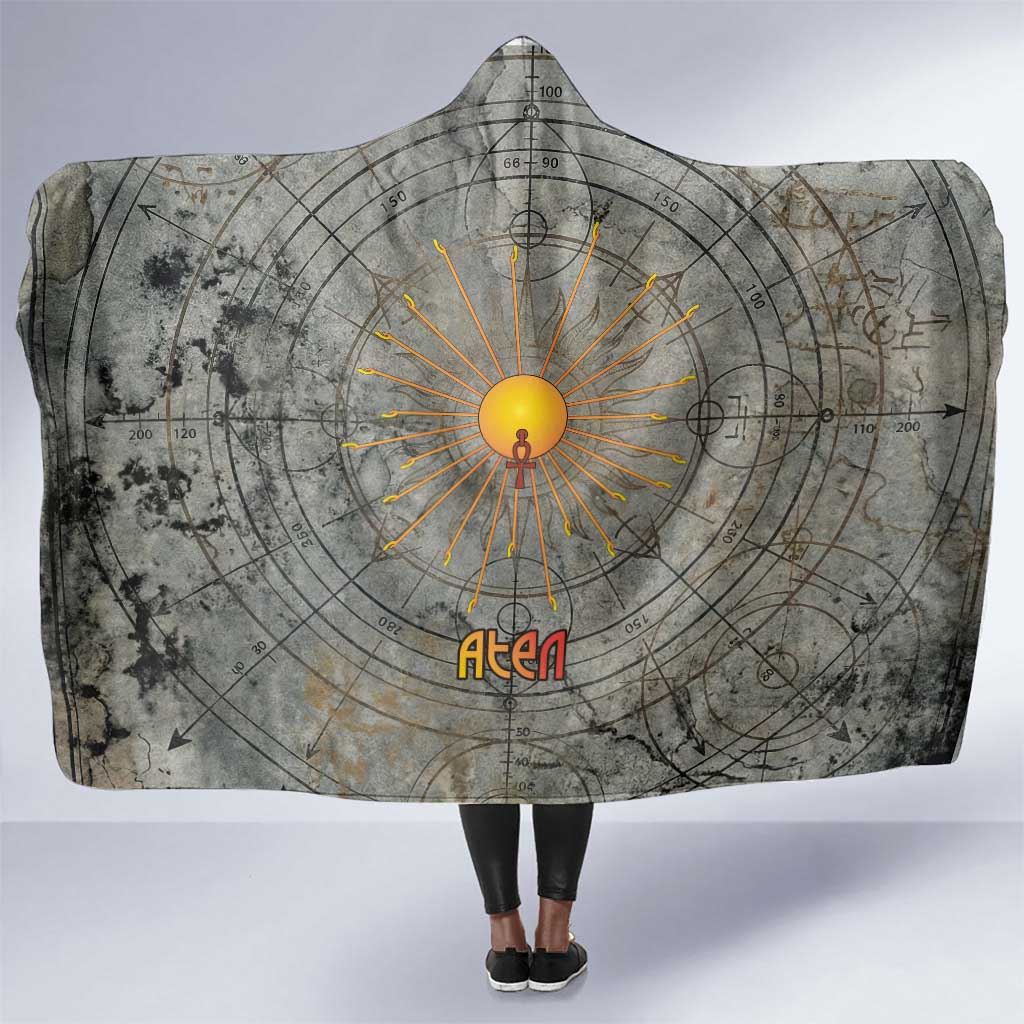 Aten Ancient Egyptian Hooded Blanket with Gray Astronomical Chart, Radiant Sun Disc Emblem, and Ankh - Wonder Print Shop