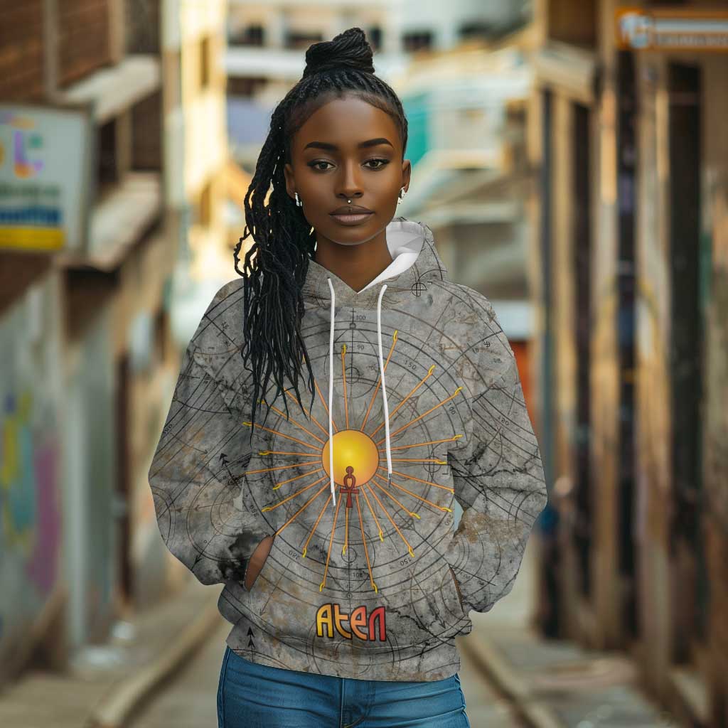Aten Ancient Egyptian Hoodie with Gray Astronomical Chart, Radiant Sun Disc Emblem, and Ankh - Wonder Print Shop
