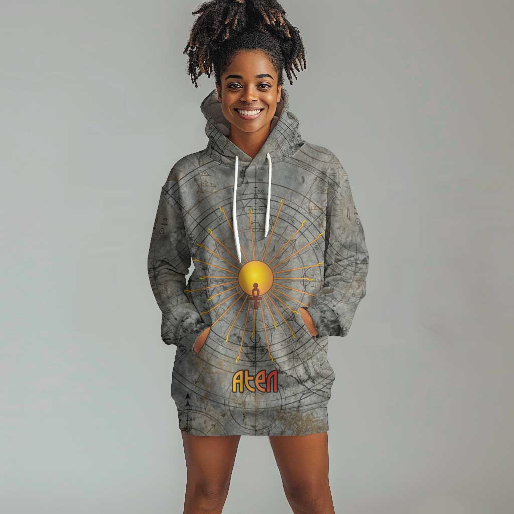 Aten Ancient Egyptian Hoodie Dress with Gray Astronomical Chart, Radiant Sun Disc Emblem, and Ankh - Wonder Print Shop