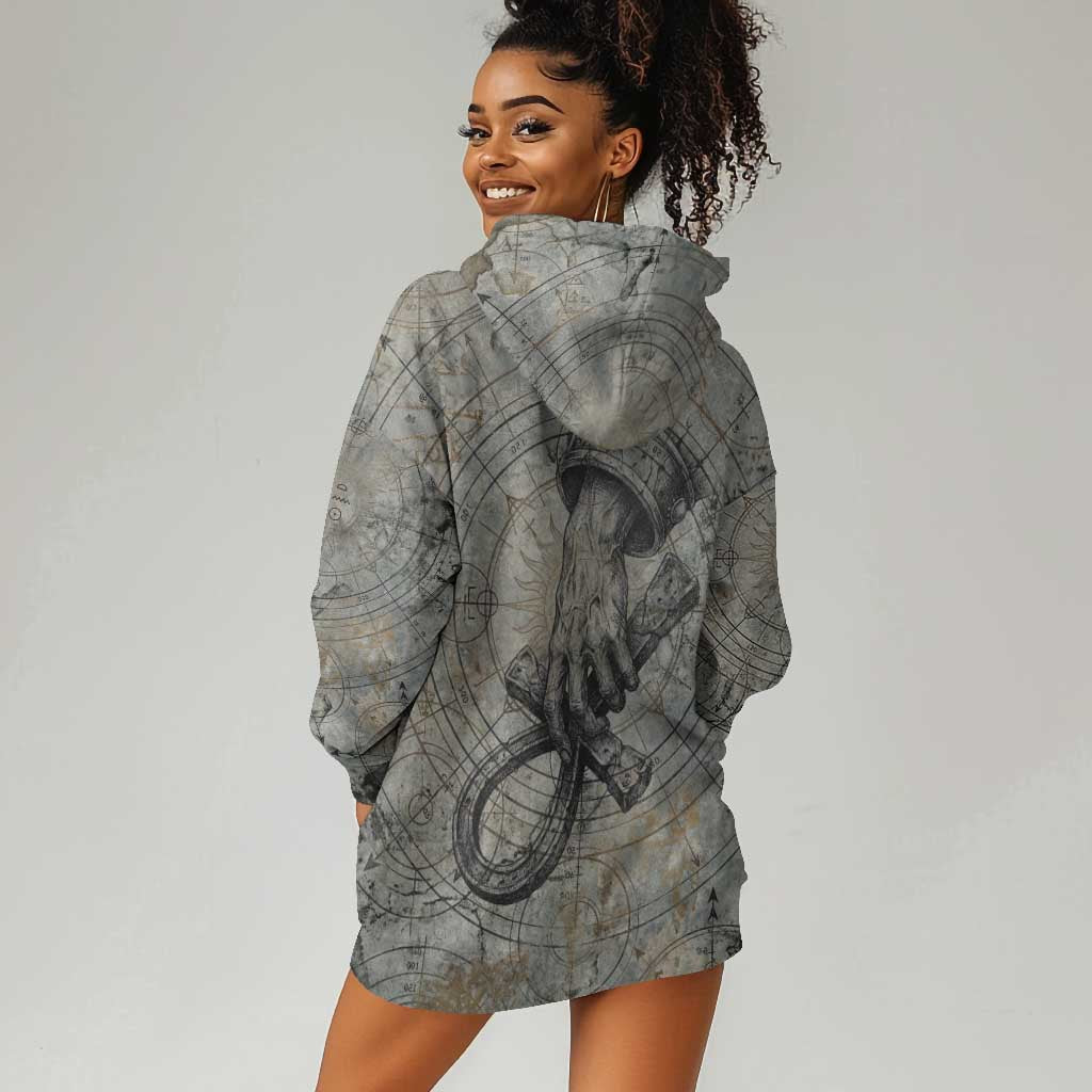 Aten Ancient Egyptian Hoodie Dress with Gray Astronomical Chart, Radiant Sun Disc Emblem, and Ankh - Wonder Print Shop