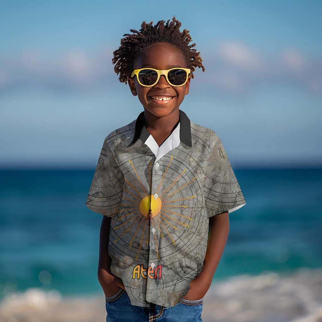 Aten Ancient Egyptian Kid Hawaiian Shirt with Gray Astronomical Chart, Radiant Sun Disc Emblem, and Ankh - Wonder Print Shop