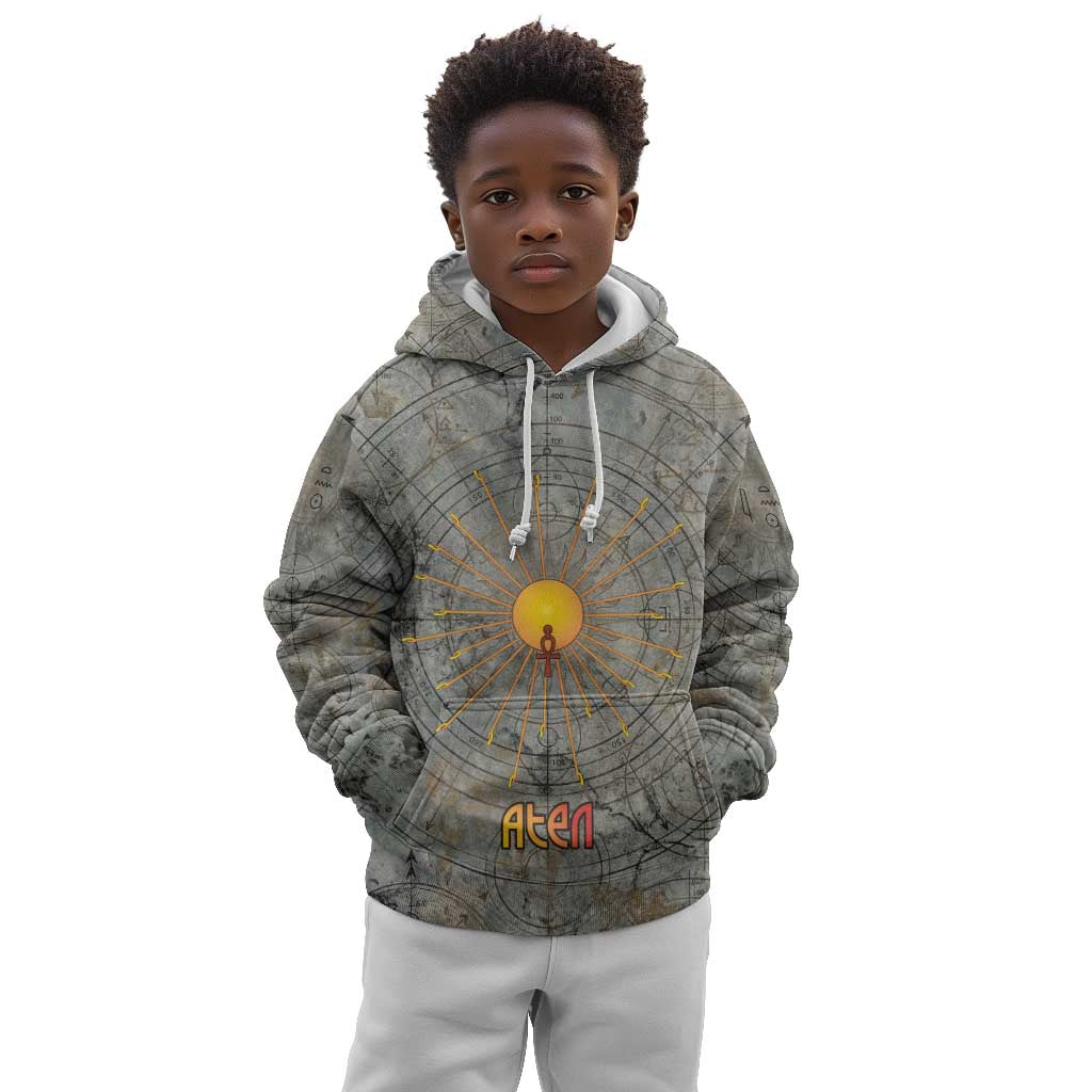 Aten Ancient Egyptian Kid Hoodie with Gray Astronomical Chart, Radiant Sun Disc Emblem, and Ankh - Wonder Print Shop