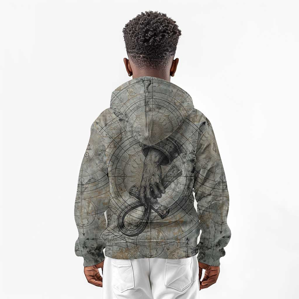 Aten Ancient Egyptian Kid Hoodie with Gray Astronomical Chart, Radiant Sun Disc Emblem, and Ankh - Wonder Print Shop