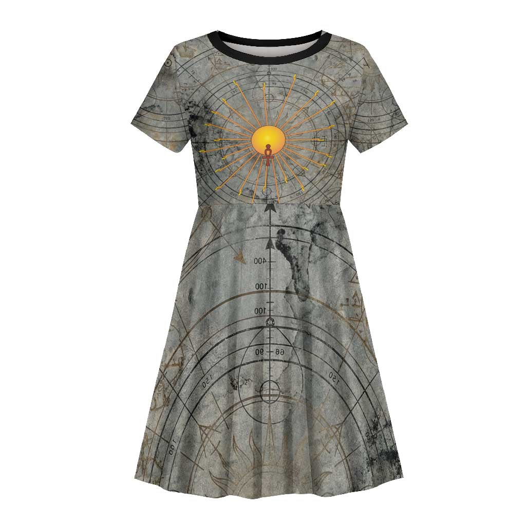 Aten Ancient Egyptian Kid Short Sleeve Dress with Gray Astronomical Chart, Radiant Sun Disc Emblem, and Ankh - Wonder Print Shop