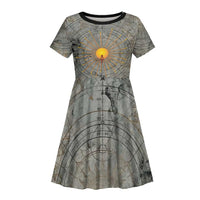 Aten Ancient Egyptian Kid Short Sleeve Dress with Gray Astronomical Chart, Radiant Sun Disc Emblem, and Ankh - Wonder Print Shop