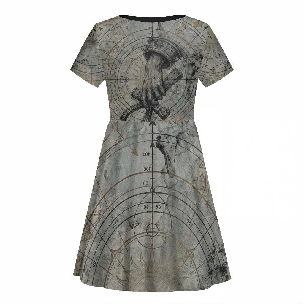 Aten Ancient Egyptian Kid Short Sleeve Dress with Gray Astronomical Chart, Radiant Sun Disc Emblem, and Ankh - Wonder Print Shop