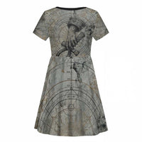 Aten Ancient Egyptian Kid Short Sleeve Dress with Gray Astronomical Chart, Radiant Sun Disc Emblem, and Ankh - Wonder Print Shop