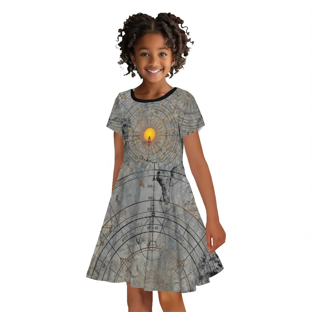 Aten Ancient Egyptian Kid Short Sleeve Dress with Gray Astronomical Chart, Radiant Sun Disc Emblem, and Ankh - Wonder Print Shop