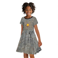 Aten Ancient Egyptian Kid Short Sleeve Dress with Gray Astronomical Chart, Radiant Sun Disc Emblem, and Ankh - Wonder Print Shop