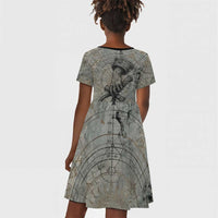 Aten Ancient Egyptian Kid Short Sleeve Dress with Gray Astronomical Chart, Radiant Sun Disc Emblem, and Ankh - Wonder Print Shop