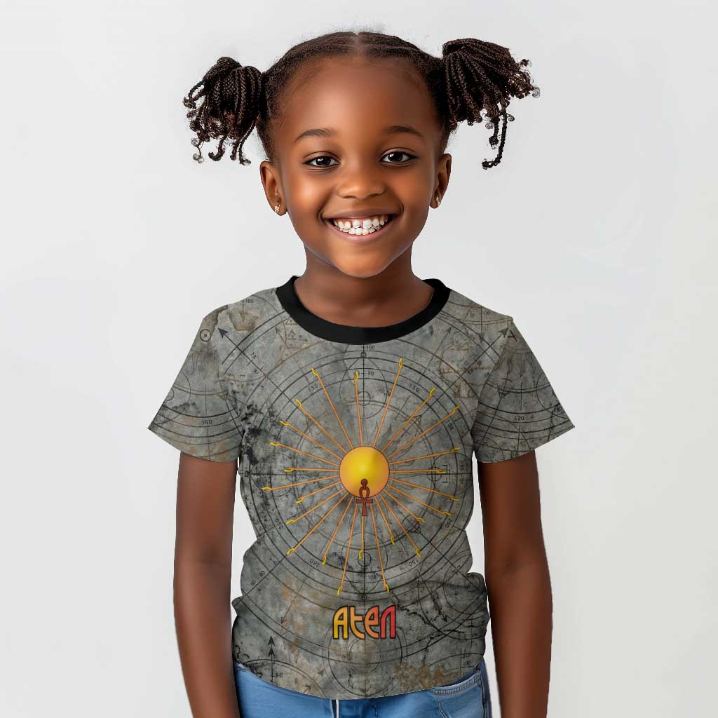 Aten Ancient Egyptian Kid T shirt with Gray Astronomical Chart, Radiant Sun Disc Emblem, and Ankh - Wonder Print Shop