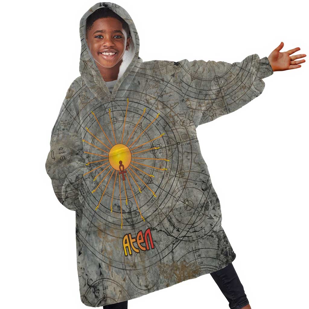 Aten Ancient Egyptian Kid Wearable Blanket Hoodie with Gray Astronomical Chart, Radiant Sun Disc Emblem, and Ankh - Wonder Print Shop
