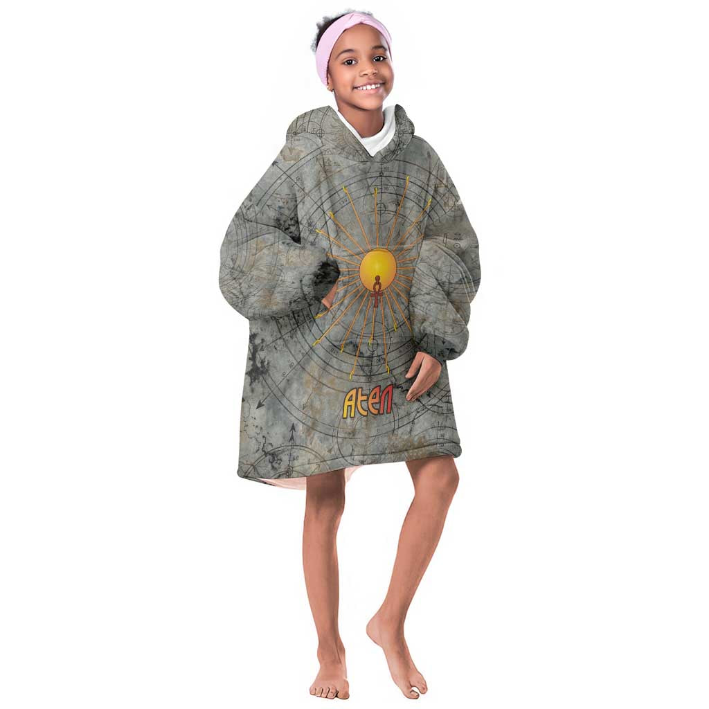 Aten Ancient Egyptian Kid Wearable Blanket Hoodie with Gray Astronomical Chart, Radiant Sun Disc Emblem, and Ankh - Wonder Print Shop