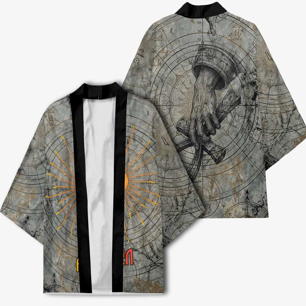 Aten Ancient Egyptian Kimono with Gray Astronomical Chart, Radiant Sun Disc Emblem, and Ankh - Wonder Print Shop