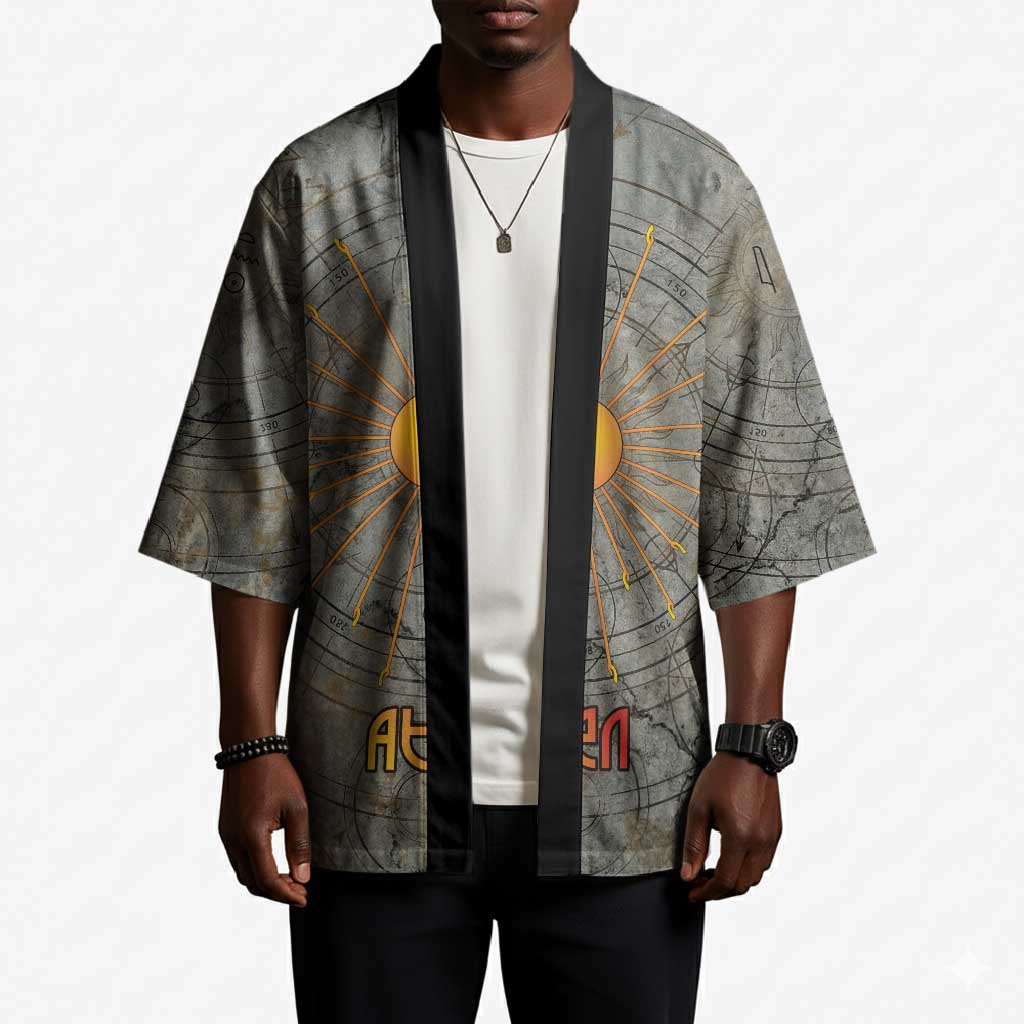 Aten Ancient Egyptian Kimono with Gray Astronomical Chart, Radiant Sun Disc Emblem, and Ankh - Wonder Print Shop