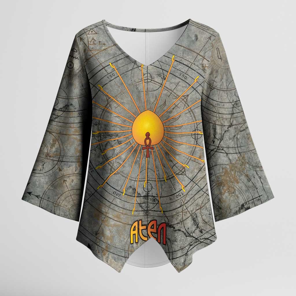 Aten Ancient Egyptian Kimono Sleeve Blouse with Gray Astronomical Chart, Radiant Sun Disc Emblem, and Ankh - Wonder Print Shop