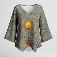 Aten Ancient Egyptian Kimono Sleeve Blouse with Gray Astronomical Chart, Radiant Sun Disc Emblem, and Ankh - Wonder Print Shop