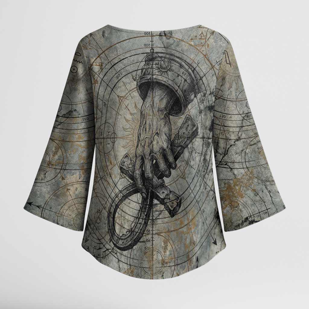 Aten Ancient Egyptian Kimono Sleeve Blouse with Gray Astronomical Chart, Radiant Sun Disc Emblem, and Ankh - Wonder Print Shop