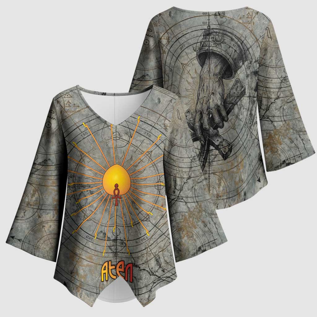 Aten Ancient Egyptian Kimono Sleeve Blouse with Gray Astronomical Chart, Radiant Sun Disc Emblem, and Ankh - Wonder Print Shop
