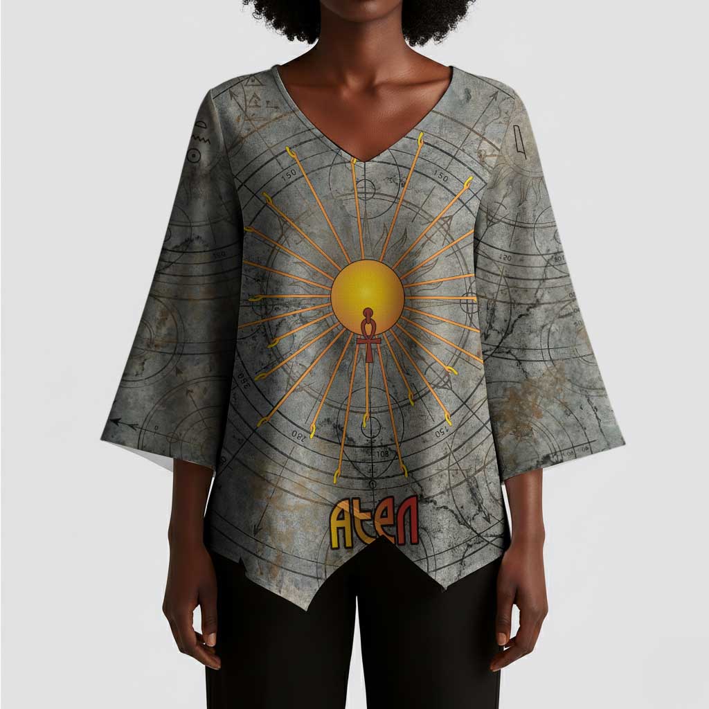 Aten Ancient Egyptian Kimono Sleeve Blouse with Gray Astronomical Chart, Radiant Sun Disc Emblem, and Ankh - Wonder Print Shop