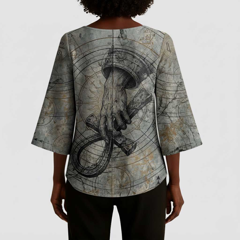 Aten Ancient Egyptian Kimono Sleeve Blouse with Gray Astronomical Chart, Radiant Sun Disc Emblem, and Ankh - Wonder Print Shop