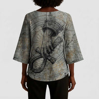 Aten Ancient Egyptian Kimono Sleeve Blouse with Gray Astronomical Chart, Radiant Sun Disc Emblem, and Ankh - Wonder Print Shop