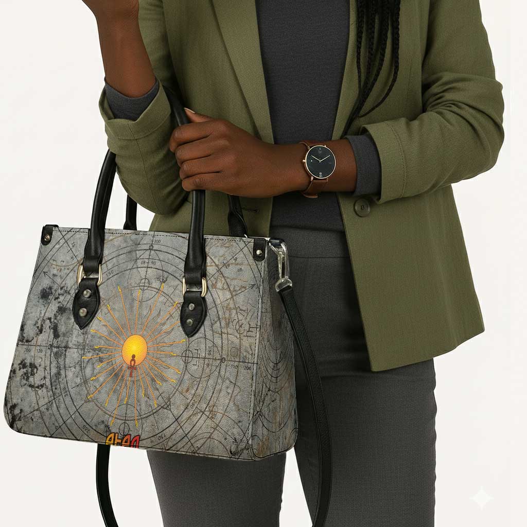 Aten Ancient Egyptian Leather Bag with Gray Astronomical Chart, Radiant Sun Disc Emblem, and Ankh - Wonder Print Shop
