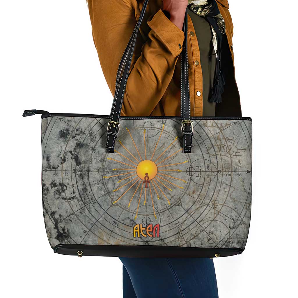 Aten Ancient Egyptian Leather Tote Bag with Gray Astronomical Chart, Radiant Sun Disc Emblem, and Ankh - Wonder Print Shop