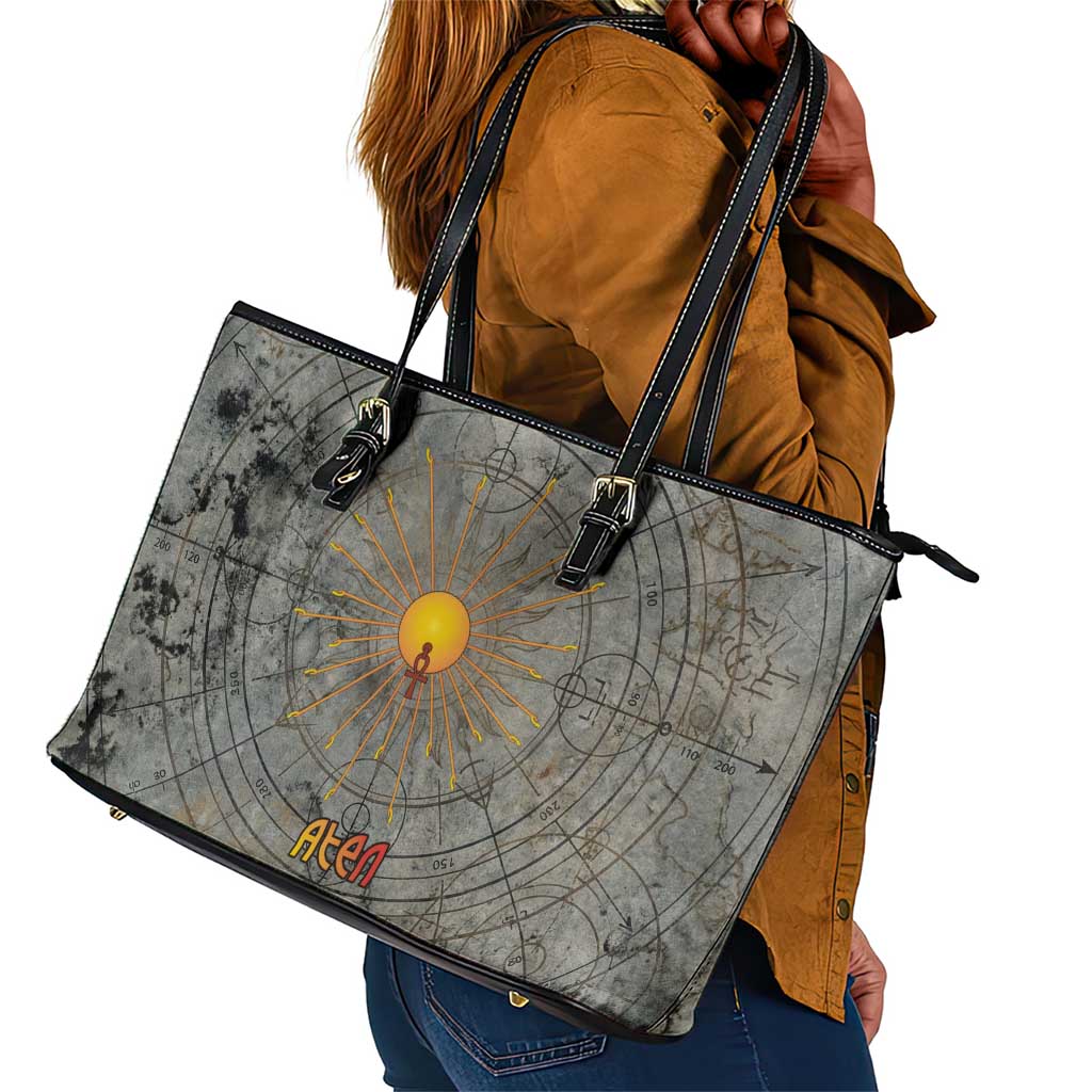 Aten Ancient Egyptian Leather Tote Bag with Gray Astronomical Chart, Radiant Sun Disc Emblem, and Ankh - Wonder Print Shop