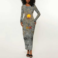 Aten Ancient Egyptian Long Sleeve Bodycon Dress with Gray Astronomical Chart, Radiant Sun Disc Emblem, and Ankh - Wonder Print Shop