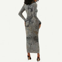 Aten Ancient Egyptian Long Sleeve Bodycon Dress with Gray Astronomical Chart, Radiant Sun Disc Emblem, and Ankh - Wonder Print Shop