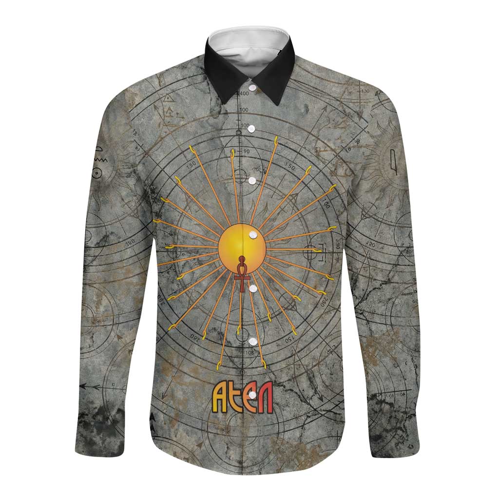 Aten Ancient Egyptian Long Sleeve Button Shirt with Gray Astronomical Chart, Radiant Sun Disc Emblem, and Ankh - Wonder Print Shop