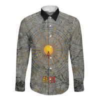 Aten Ancient Egyptian Long Sleeve Button Shirt with Gray Astronomical Chart, Radiant Sun Disc Emblem, and Ankh - Wonder Print Shop