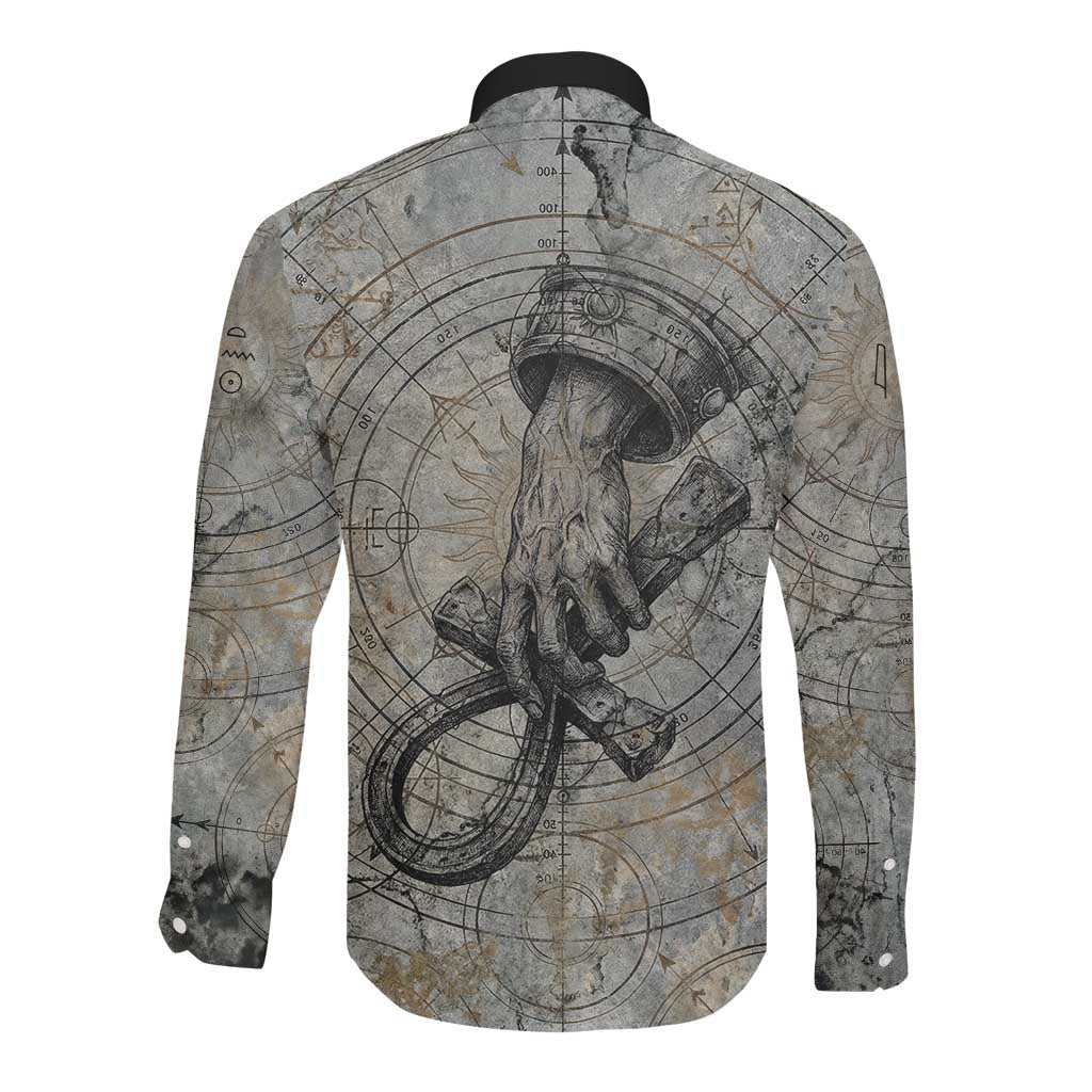 Aten Ancient Egyptian Long Sleeve Button Shirt with Gray Astronomical Chart, Radiant Sun Disc Emblem, and Ankh - Wonder Print Shop